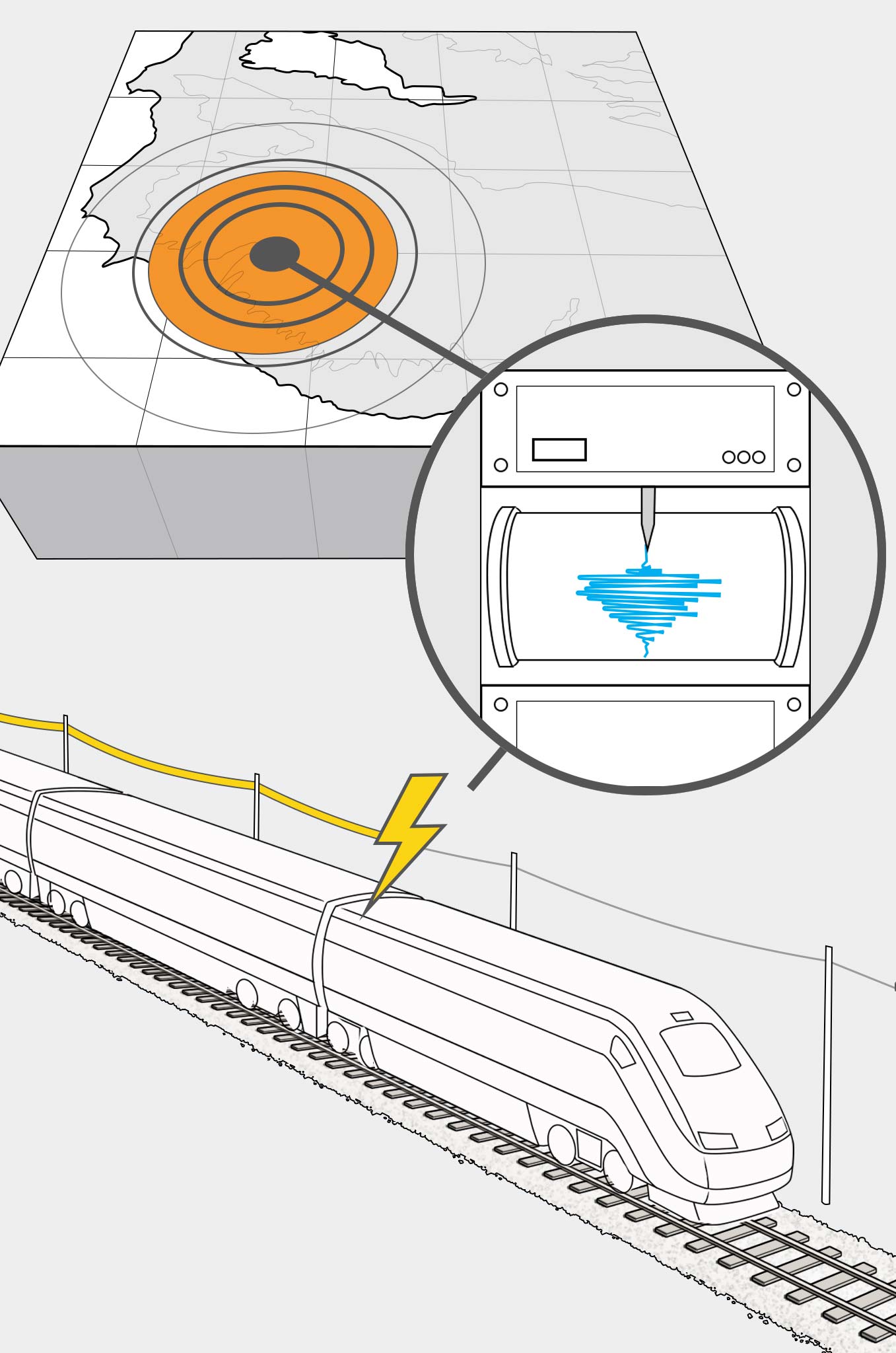 Illustration with a high-speed train crossing diagonally through the scene, a satellite, radar, and tower are communicating with the train; vehicles are parked at gates which are blocking the track as the train passes; an operator is monitoring conditions from computers.